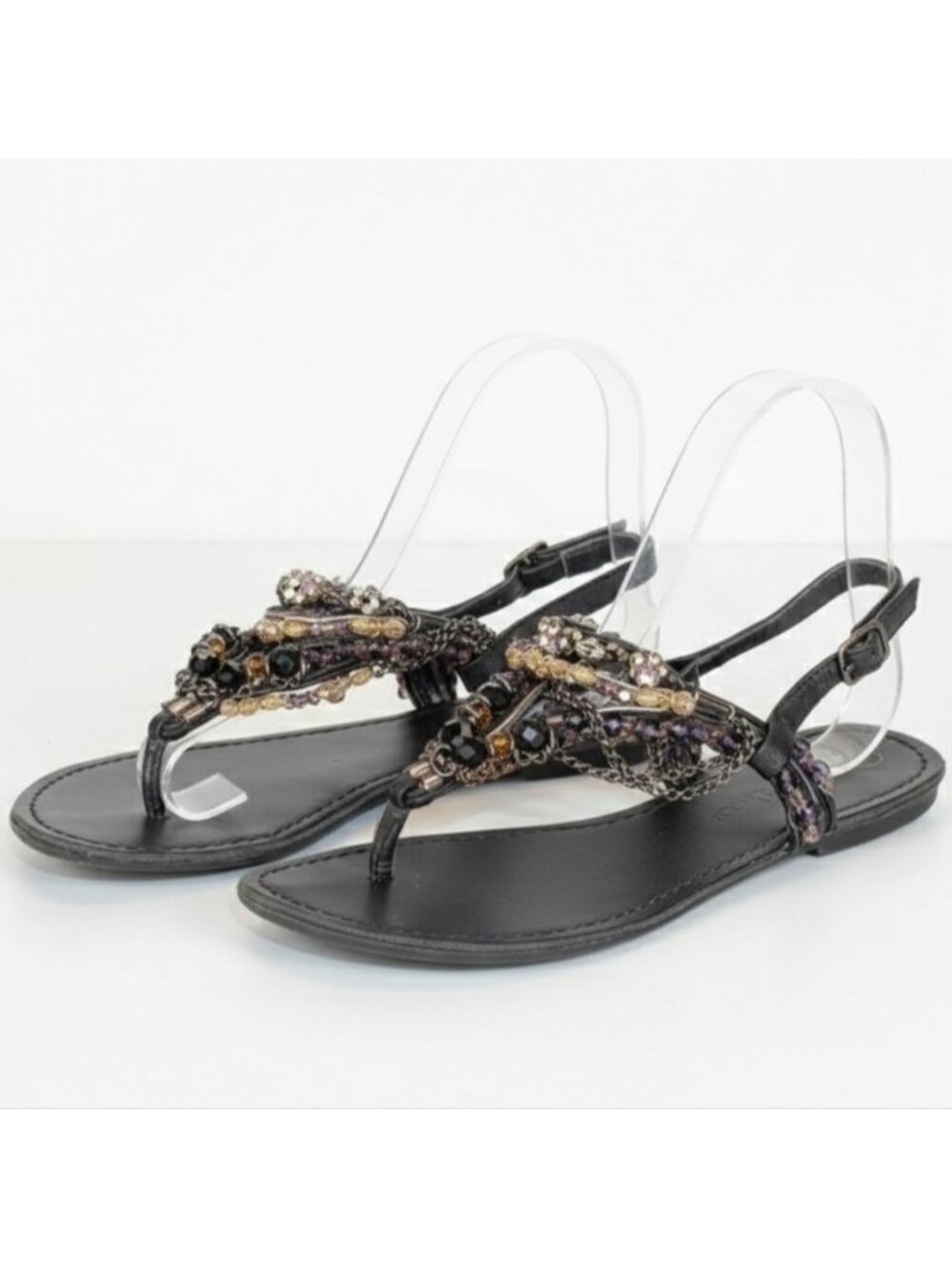 Zigi Soho Beaded Thong Sandals Boho Embellished Strappy Black Flats Size 6.5